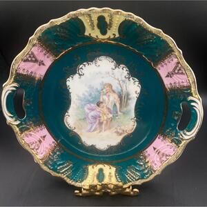 Antique Bavaria Hand Painted Portrait Plate Teal Pink Gold Gilt Victorian